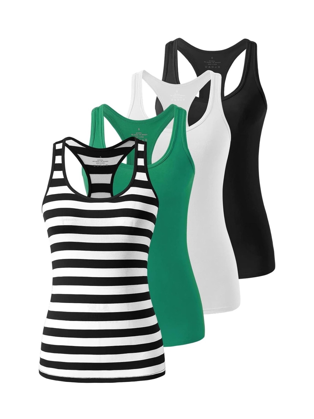 4-Pack Women’s Racerback Tank Tops — Black, White, Green, Black/White Stripe